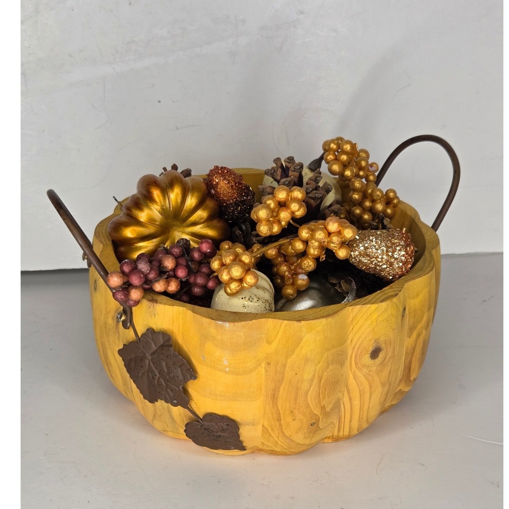 Pier 1 Imports Wooden Pumpkin Bowl with Fall Harvest Potpourri Decor Set